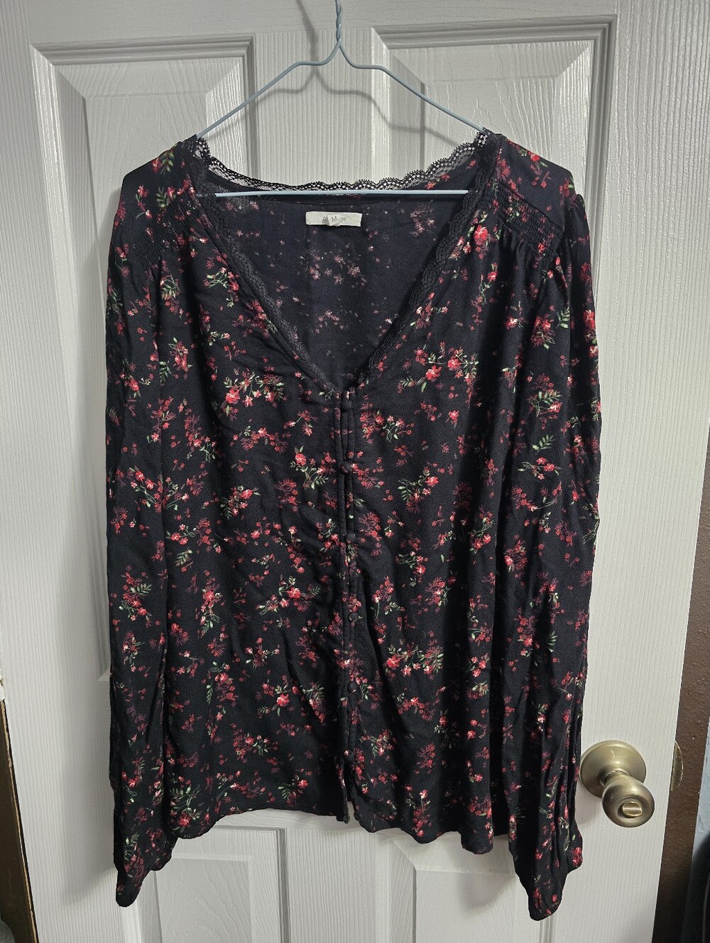 Maurices Black Red Ditsy Floral Lace Trim Button Front Blouse - M